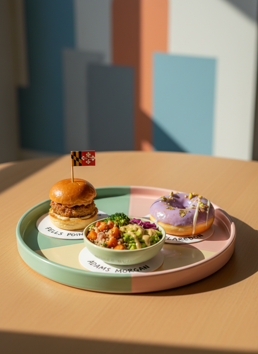 A whimsical, photographic scene of a rounded, pastel-colored tray holding three mini tasting plates, each representing a different DMV neighborhood. One plate has a tiny, artfully stacked crab slider with a miniature Maryland flag toothpick; another features a small, beautifully arranged vegan bowl with bright vegetables; the third holds a glossy donut with creative toppings. Each plate sits on a coaster labeled with a handwritten-style neighborhood name. The tray rests on a smooth, light wood table near a sunlit window, where soft afternoon light creates gentle highlights and curved shadows. The background shows out-of-focus, color-blocked shapes suggesting city buildings. Shot at eye level with shallow depth of field, the composition feels playful, curated, and visually vibrant, emphasizing exploration without feeling overwhelming.