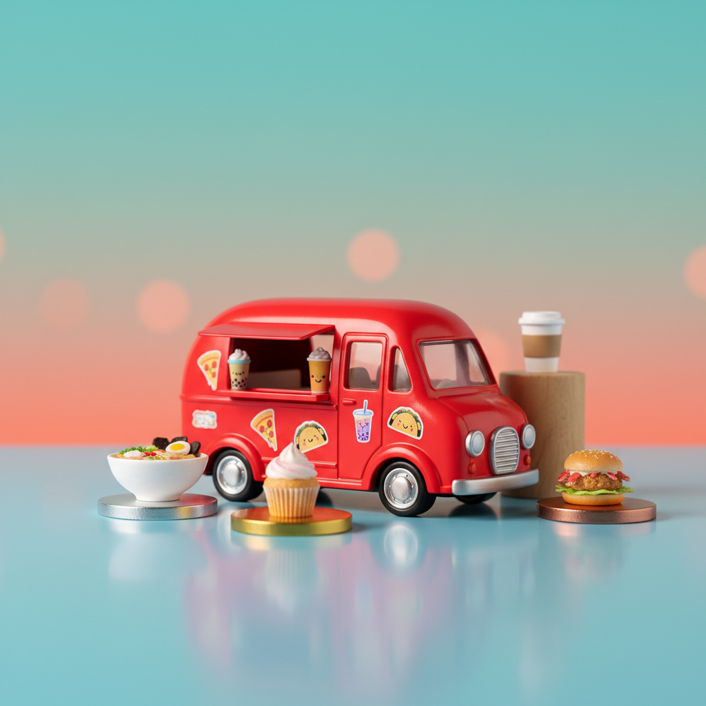 A quirky, photographic still life of a bright red, rounded food truck toy parked on a glossy, pastel-blue surface, covered in playful decals of pizza slices, tacos, and bubble tea cups. Around it are miniature, highly detailed food models: a tiny bowl of ramen, a mini cupcake with swirled frosting, a petite crab cake slider, and a tiny coffee cup, each on its own small, circular pedestal. Soft, diffused studio lighting from multiple directions creates even illumination with gentle, pillowy shadows and sparkling highlights on glossy textures. The background is a smooth gradient of turquoise to coral, with subtle circular shapes suggesting city lights. Shot at a low, eye-level angle with moderate depth of field, the composition feels dynamic, cheerful, and full of movement, capturing the playful food-truck culture around the DMV.