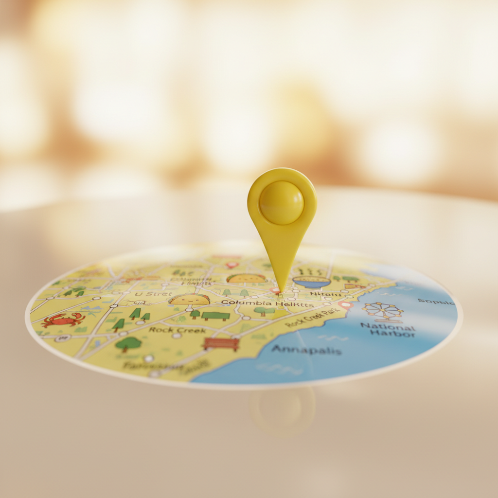 A playful, photographic close-up of a rounded, colorful neighborhood map of the DMV area printed on a glossy tabletop, with illustrated icons marking food spots and activities. Tiny cartoonish icons of a steaming bowl, a taco, a crab, a park bench, and a Ferris wheel are scattered across Washington, DC, Maryland, and Virginia. A bright yellow enamel marker pin rests near a cluster of icons, as if choosing the next adventure. Soft overhead studio lighting creates gentle highlights on the glossy surface and smooth, curved reflections. The background fades into a creamy bokeh, emphasizing the map’s fun details. Composed at a slight diagonal from an elevated angle, the scene feels energetic, clean, and easy to navigate, echoing the blog’s curated, playful personality.