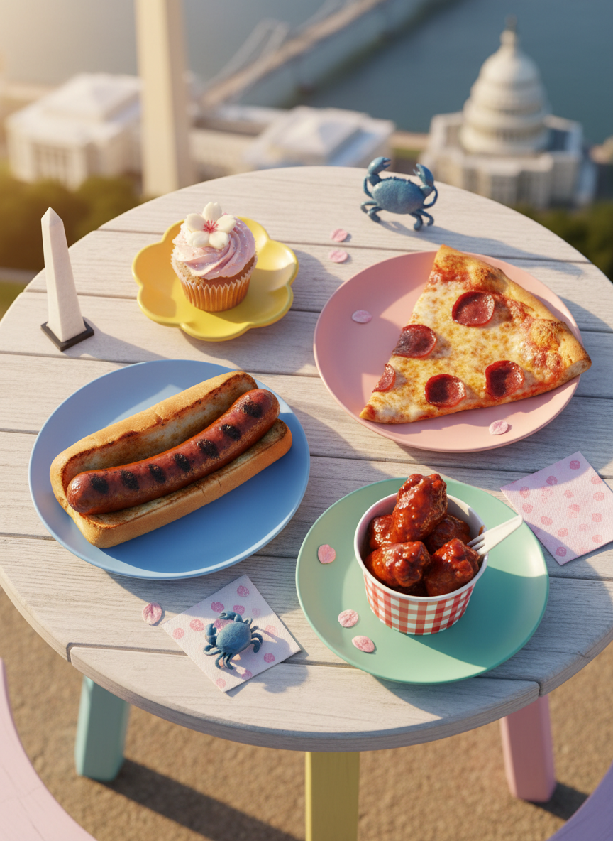 A colorful overhead spread of iconic DMV foods arranged playfully on a bright, rounded-edge picnic table. A perfectly folded half-smoke in a soft bun, a slice of jumbo pizza with gooey cheese, a small cup of mumbo-sauce-coated wings, and a glossy cherry blossom-themed cupcake sit on quirky, mismatched pastel plates. In the background, softly blurred landmarks like a tiny Washington Monument figurine and a miniature Maryland crab sculpture add regional flair. Late afternoon golden light streams from one side, casting soft, rounded shadows and making the colors pop. Shot from a bird’s-eye view with photographic realism, vibrant saturation, and a whimsical, energetic layout that feels fun, inviting, and distinctly “Around the DMV.”
