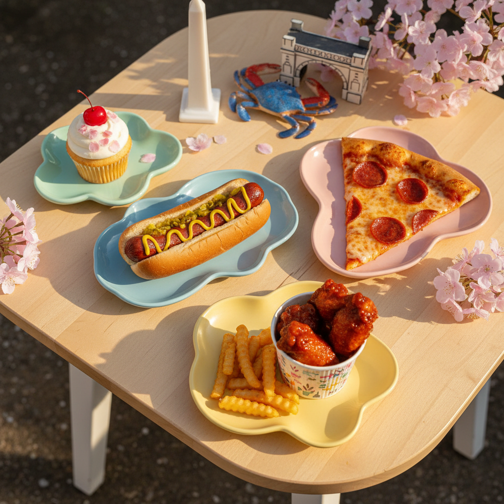 A colorful overhead spread of iconic DMV foods arranged playfully on a bright, rounded-edge picnic table. A perfectly folded half-smoke in a soft bun, a slice of jumbo pizza with gooey cheese, a small cup of mumbo-sauce-coated wings, and a glossy cherry blossom-themed cupcake sit on quirky, mismatched pastel plates. In the background, softly blurred landmarks like a tiny Washington Monument figurine and a miniature Maryland crab sculpture add regional flair. Late afternoon golden light streams from one side, casting soft, rounded shadows and making the colors pop. Shot from a bird’s-eye view with photographic realism, vibrant saturation, and a whimsical, energetic layout that feels fun, inviting, and distinctly “Around the DMV.”
